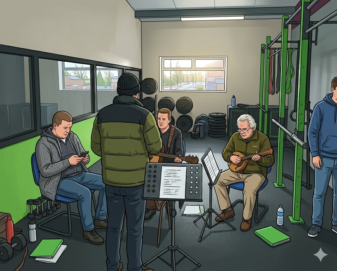 The Folk Ups rehearsing together in their practice space